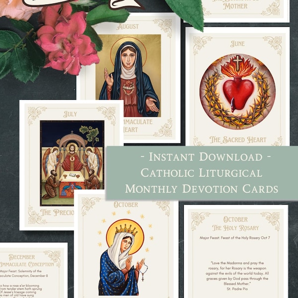 Tarjetas de oración devocional católica - Tarjetas imprimibles de calendario litúrgico mensual de doble cara - Estampa original de arte sacro - Sagrado Corazón y María