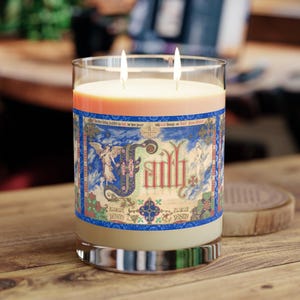Antique Religious Art Apothecary Candle for Home Altar - Catholic + Christian Faith Inspired Prayer Candle - Small Gift with Romans 5: 1-3