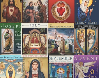 One Year of Catholic Calendar Home Flags Bundle - 12 Months House + Garden Flags - Catholic Sacred Art Banners or Yard Flags - Your Choice