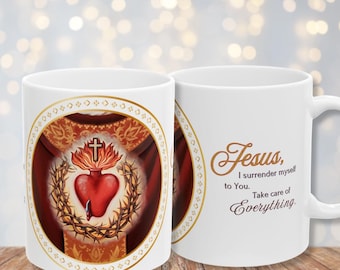 Koffiemok met afbeelding van het Heilig Hart van Jezus en de noveen van overgave - Traditionele katholieke gebedsmok - Katholieke koffiemok met heilige kunst - Jezusmok