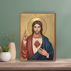 Sacred Heart of Jesus Print on Icon Board - Traditional Catholic Keepsake - Catholic Home Decor - Sacred Art for Home Altar