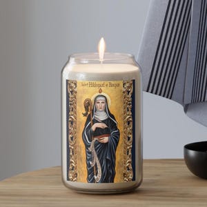 St Hildegard of Bingen Catholic Prayer Candle for Home Altar - Catholic Sacred Art Scented Soy Candle - Saint Hildegard Inspirational Gift