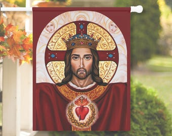 Sacred Heart of Jesus Catholic House Flag - Catholic Sacred Art Banner - Catholic Yard Flag w/Jesus Icon - Traditional Catholic Home Gift
