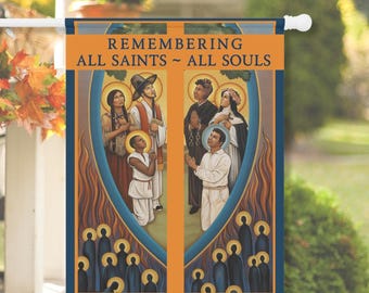 All Saints All Souls Day Fall Catholic House + Garden Flag - November Devotional Catholic Yard Flag - Traditional Catholic Sacred Art Banner