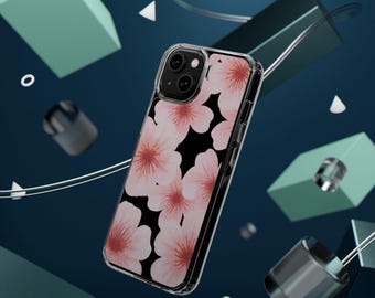 May include: A clear phone case with a floral design. The case has a black background with pink flowers. The phone case is designed for an iPhone.