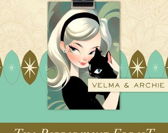 Velma & Archie, Kitschy Girl and Black Cat Art, MCM 1950s Atomic Style Art Print from The Peppermint Forest
