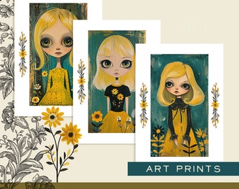 big eyed art  l  pop surrealism  l  kitschy blonde girls  l  melancholy cute art prints  l  whimsical portrait art  l  the peppermint forest