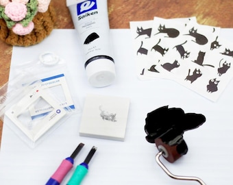 DIY Cat Keychain Printmaking Kit: Lino Cut Craft with 9 Designs