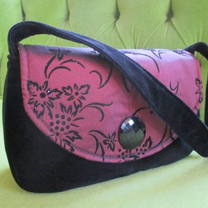 Burgundy Taffeta and Black Velvet Evening Bag or Clutch