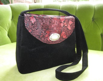 Purse or Handbag in Black Velvet and Red Brocade