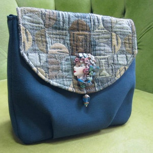 Blue Fabric Bag or Purse with Ceramic Lady Pin image 1