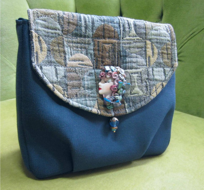 Blue Fabric Bag or Purse with Ceramic Lady Pin image 1