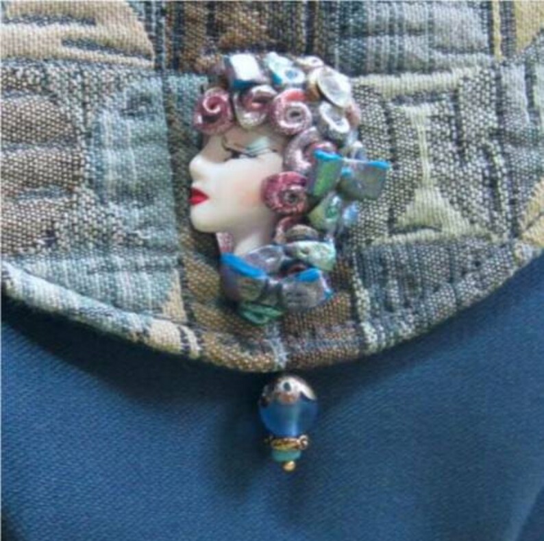 Blue Fabric Bag or Purse with Ceramic Lady Pin image 5