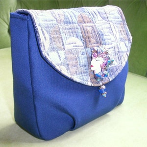 Blue Fabric Bag or Purse with Ceramic Lady Pin image 4