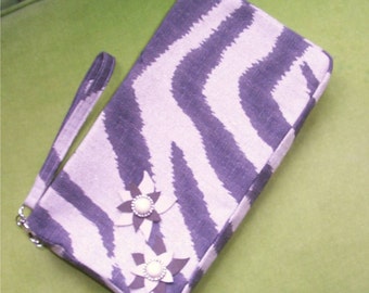 Zebra Clutch in Tan and Grey Fabric with Zip Top