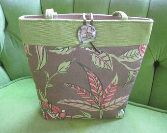 Leafy Fabric Tote in Brown and Avocado Green