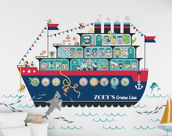 Animal Cruise Ship (Girl Captain) - Fabric Wall Decal - Kids Nautical Boat - Personalized (S, L)