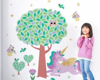Unicorn Fairytale Tree - Fabric Wall Decal - Storybook Nursery (Purple)