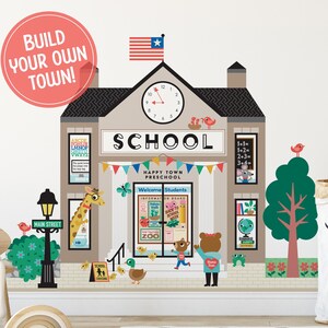 School House - Kids Fabric Wall Decal - Happy Town Pretend Play - Personalized Classroom Decor