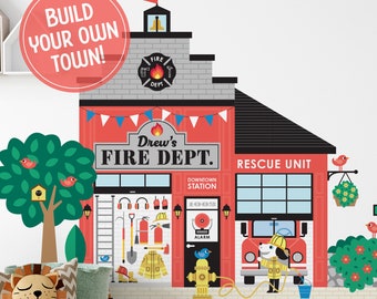 Fire Station - Kids Fabric Wall Decal - Happy Town Pretend Play - Personalized Playroom Decor