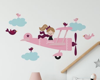 Airplane Girl Fabric Wall Decal Personalized Name, Travel Baby Nursery Kids Transportation Room Decor - REUSABLE