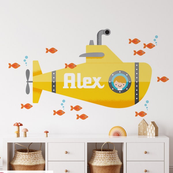 Yellow Submarine Boy Fabric Wall Decal Personalized Name Ocean Baby Nursery Underwater Sea Life - REUSABLE