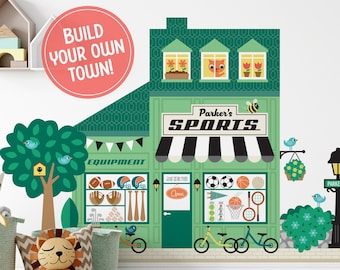 Sports Store Fabric Wall Decal, Personalized Kids Happy Town City Building, Pretend Dramatic Play, Reusable - M, L, XL