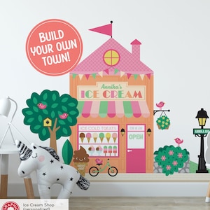 Ice Cream Shop Fabric Wall Decal, Personalized Kids Happy Town City Building, Pretend & Dramatic Play, Reusable - M, L, XL