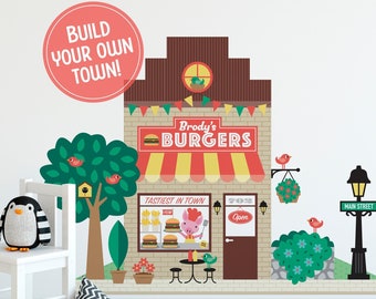 Burger Shop Fabric Wall Decal, Personalized Kids Happy Town City Building, Pretend & Dramatic Play, Reusable - M, L, XL