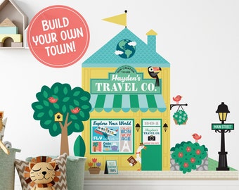 Travel Company Fabric Wall Decal, Personalized Kids Happy Town City Building, Pretend & Dramatic Play, Reusable - M, L, XL