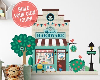 Hardware Store Fabric Wall Decal, Personalized Kids Happy Town City Building, Pretend & Dramatic Play, Reusable - M, L, XL