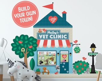 Vet Clinic Fabric Wall Decal, Personalized Kids Animal Hospital Happy Town City Building, Pretend & Dramatic Play, Reusable - M, L, XL