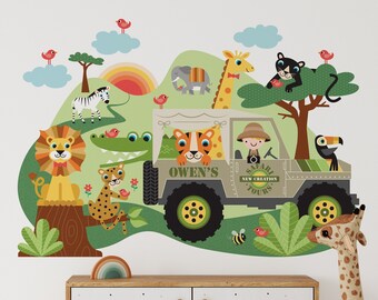 Safari Jungle Animal Jeep Boy Adventure Fabric Wall Decal, Personalized