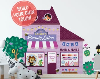 Beauty Salon Fabric Wall Decal, Personalized Kids Happy Town City Building, Pretend & Dramatic Play, Reusable - M, L, XL