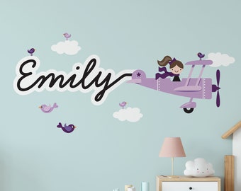 Airplane Girl Name Fabric Wall Decal Personalized Skywriter Travel Nursery Baby Kids, Cursive Script - REUSABLE