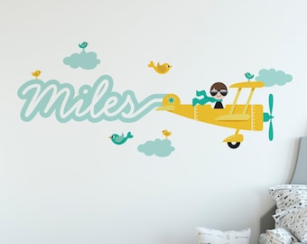 Airplane Skywriter - Fabric Wall Decal - Personalized Name (Boy)