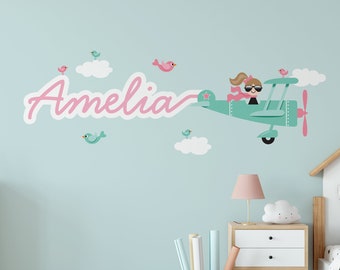 Airplane Girl Name Fabric Wall Decal Personalized Skywriter Cursive Script Travel Nursery Baby Kids - REUSABLE