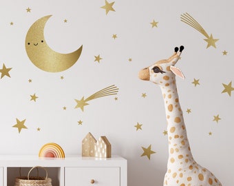 Happy Moon & Stars Fabric Wall Decals Baby Nursery Kids - Reusable Peel and Stick