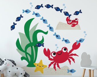 Happy Crab & Friends Fabric Wall Decals: Ocean Under the Sea Baby Nursery Underwater Sea Life Kids Beach Room Decor