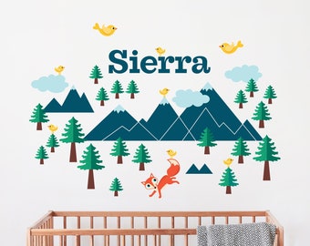 Mountain Nursery Fabric Wall Decal, Personalized Name - Reusable Peel & Stick