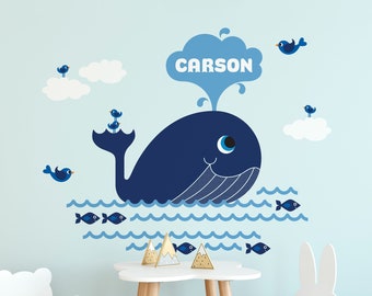 Whale Fabric Wall Decal: Personalized Name Ocean Nursery - Reusable