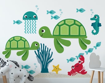 Sea Turtle & Ocean Friends Fabric Wall Decal, Baby Turtle Nursery, Underwater Under-the-Sea Beach Kids Decor - REUSABLE