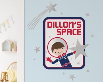 Space Boy Name Door Sign Fabric Wall Decal Outer Space Astronaut Personalized Space Baby Nursery Kids Room Decor - REUSABLE