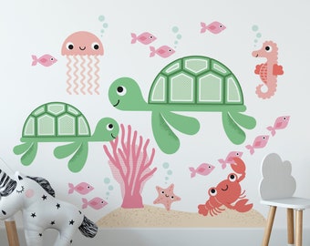Sea Turtle & Ocean Friends FABRIC Wall Decal, Baby Underwater Nursery, Under the Sea Kids Room Decor - REUSABLE