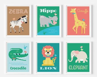 Safari Nursery Art Print Collection, Whimsical Baby & Kids Happy Animal Posters - Set of 6 Prints