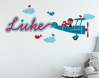 Airplane Fabric Wall Decal Boy Name Skywriter Baby Travel Nursery Kids Personalized Wall Sticker - REUSABLE