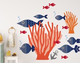 Sea Coral & Ocean Fish Fabric Wall Decals, Underwater, Beach, Tropical, Under the Sea, Peel and Stick -REUSABLE