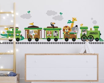 Safari Animal Train Wall Decal Personalized Kids Nursery, Boy - Reusable