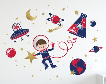 Vinilo decorativo personalizado de astronauta: astronauta, planetas, cohete y estrellas - Tela reutilizable