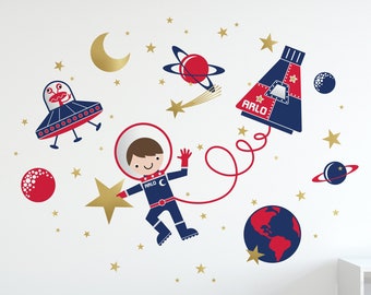 Space Walk Boy Fabric Wall Decal Personalized Name Rocket Capsule, UFO, Astronaut, Planets, Stars, Moon Baby Nursery Kids - REUSABLE